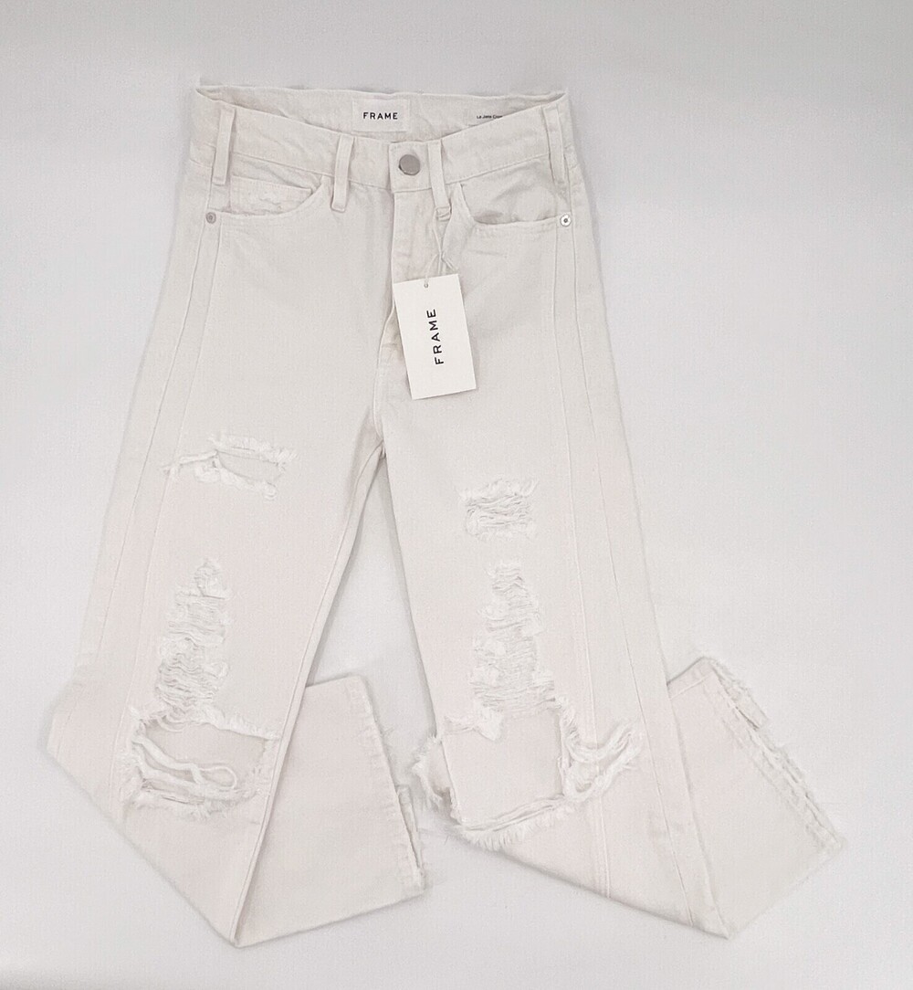 NEW Frame Jeans Womens 24 White Denim Distressed Ripped Mini Slit Le Jane Crop - Picture 12 of 15